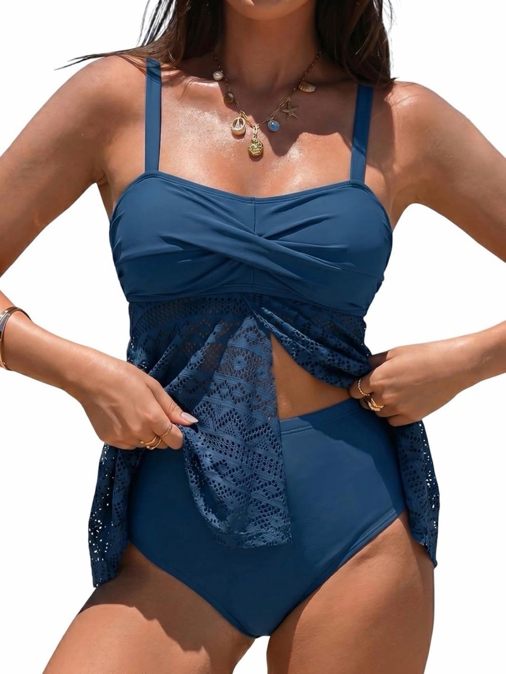 Blue Lace-Panel Tankini Bikini Set - Women Swim